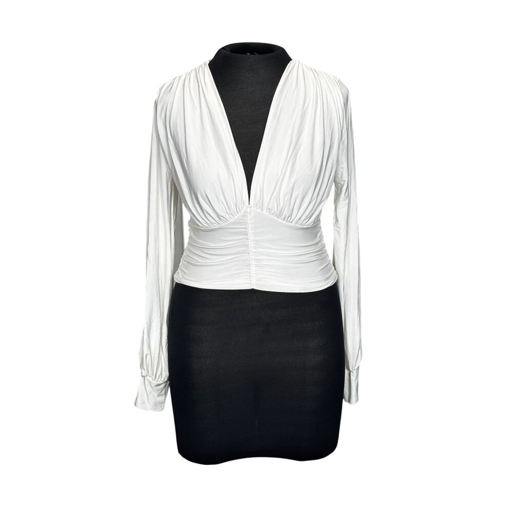 Elegant White Ruched V-Neck Blouse Top